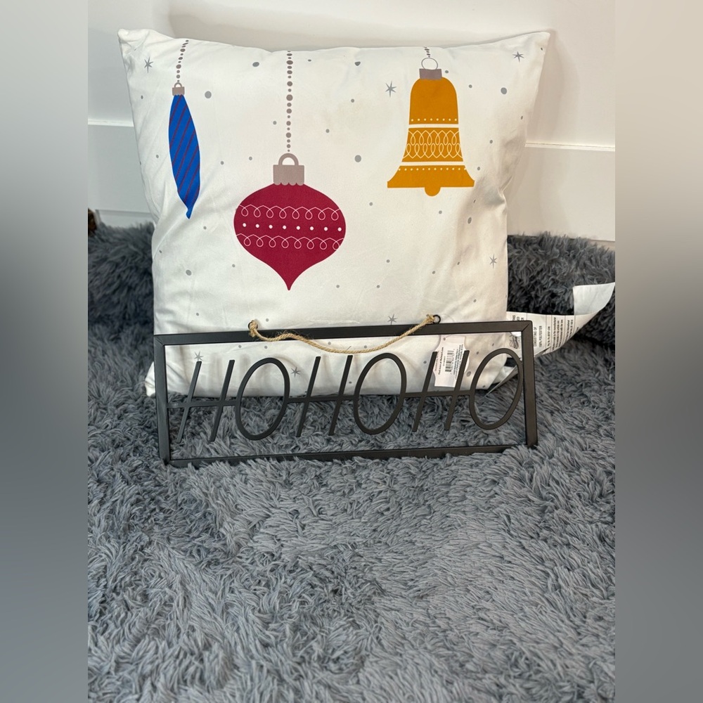 Holiday Ho Ho Ho Sign & 18x18 Christmas Pillow Ornaments Festive Home Decor
